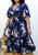 Plus Size V Neck Floral Print Flowy Navy Maxi Dress