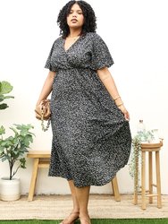 Plus Size V-Neck White Floral Print Wrap Maxi Dress - Black