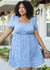 Plus Size White Floral Print Swing Dress with Square Neckline - Blue
