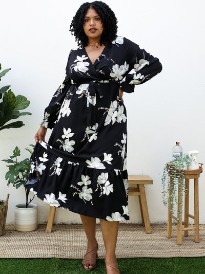 Anna-Kaci Plus Size White Tulip Print Flowy Black Midi Dress product