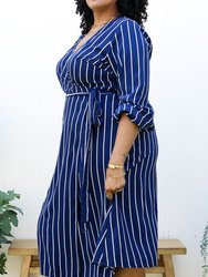 Plus Size White Vertical Stripe V Neck Midi Dress