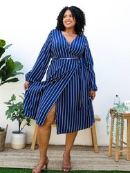 Plus Size White Vertical Stripe V Neck Midi Dress - Navy