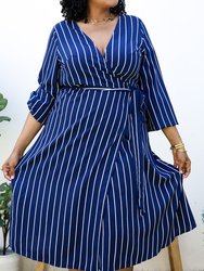 Plus Size White Vertical Stripe V Neck Midi Dress