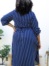 Plus Size White Vertical Stripe V Neck Midi Dress