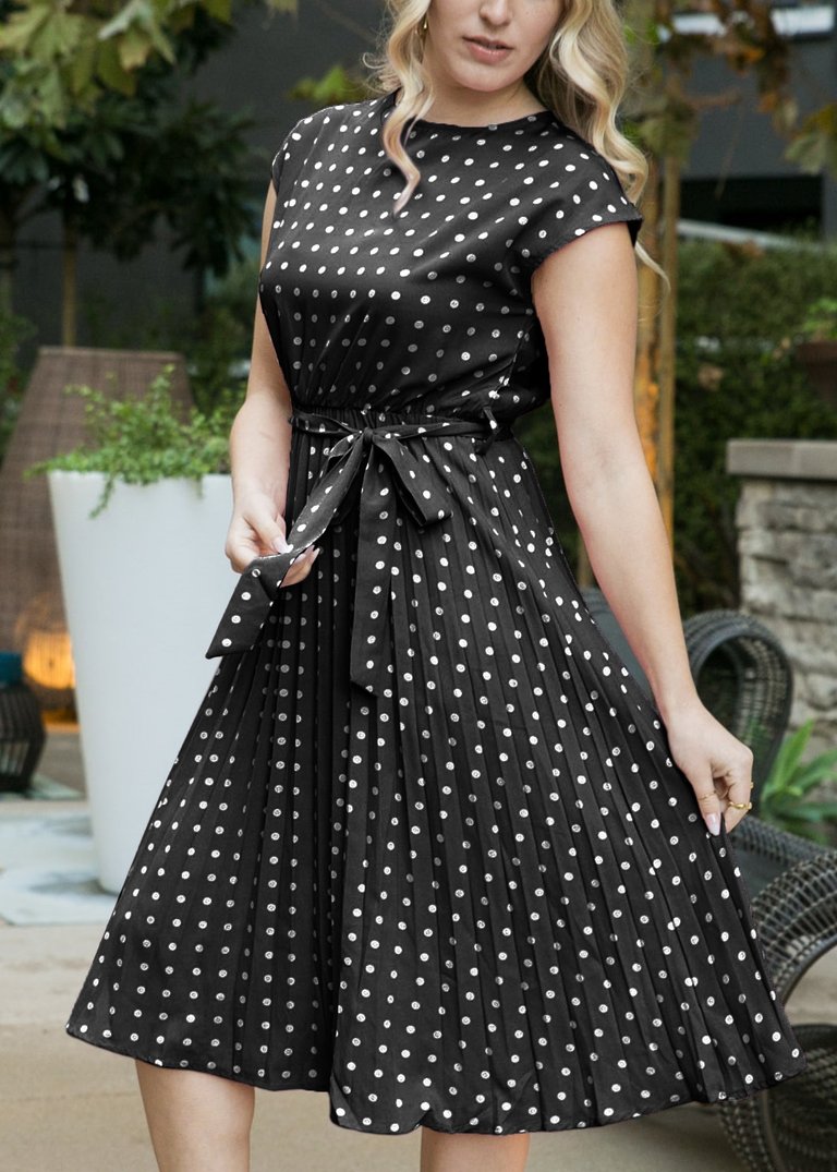 Polka Dot Cap Sleeve Dress - Black