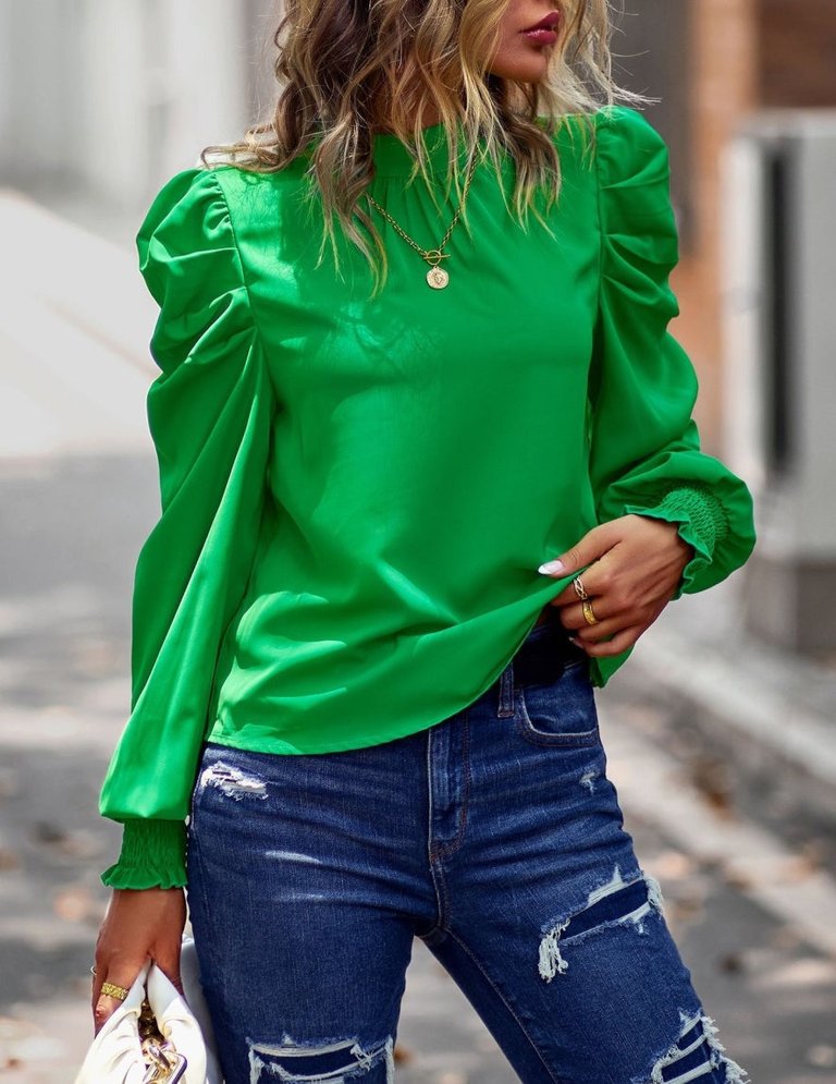 Puff Sleeve Back Tie Blouse - Green