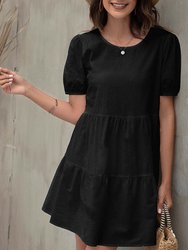 Puff Sleeve Tiered Shift Dress - Black