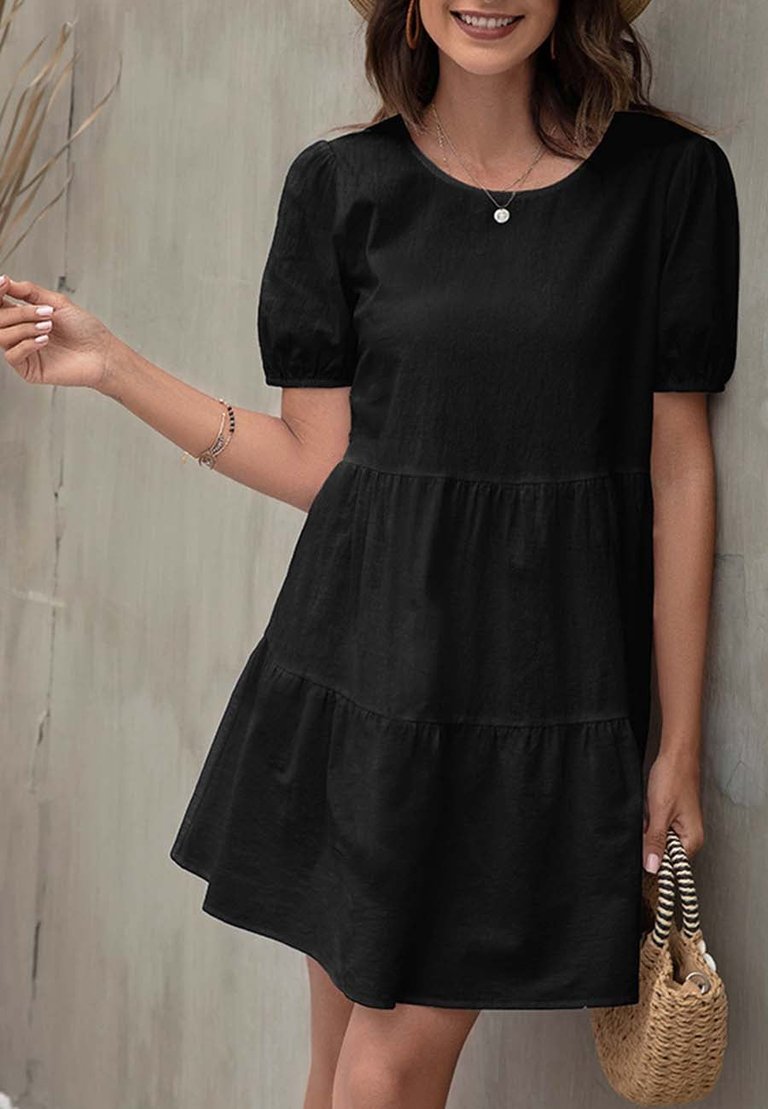 Puff Sleeve Tiered Shift Dress - Black