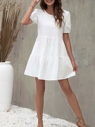 Puff Sleeve Tiered Shift Dress - White