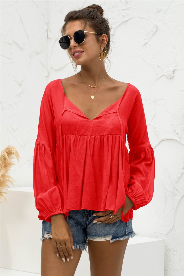 Relaxed Light Gathered Blouse - Red
