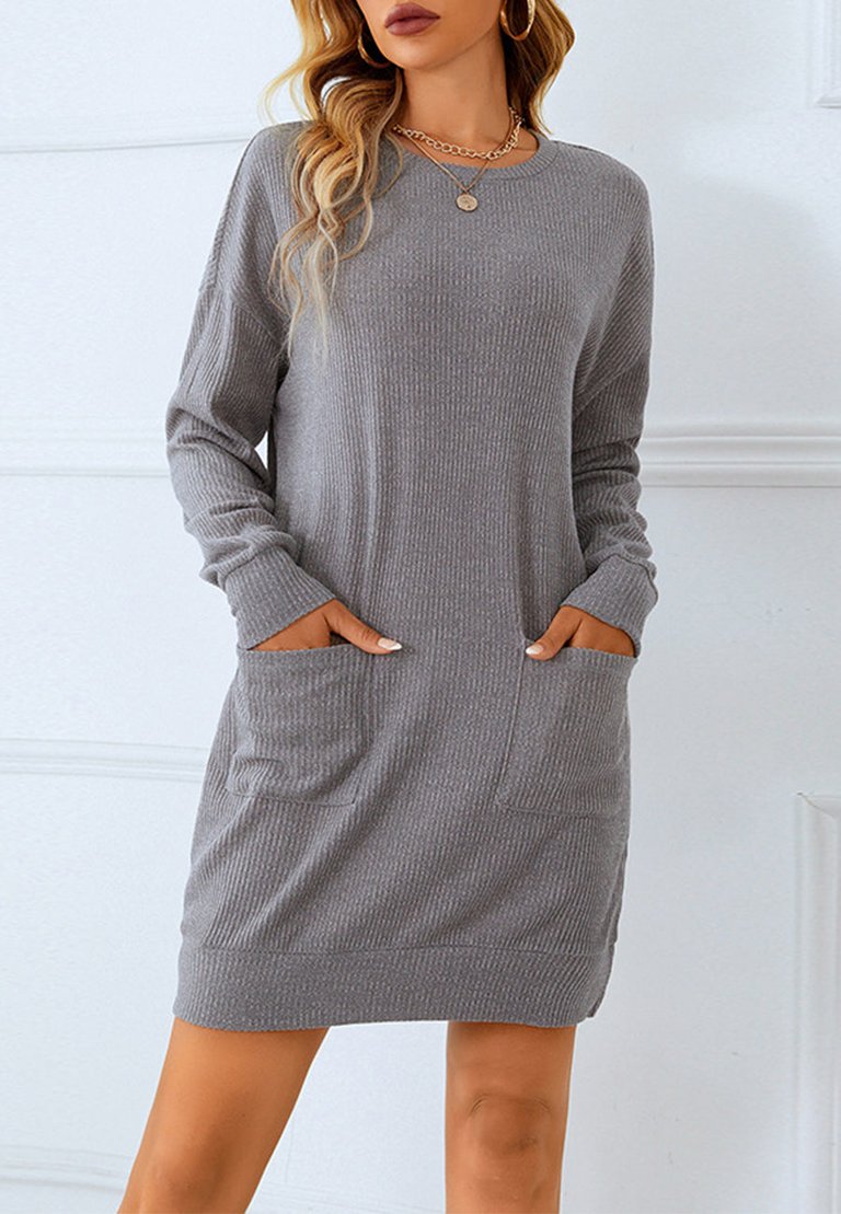 Ribbed Knit Patch Pocket Dress - Gray