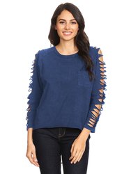 Ripped Long-Sleeve Pullover Top - Navy