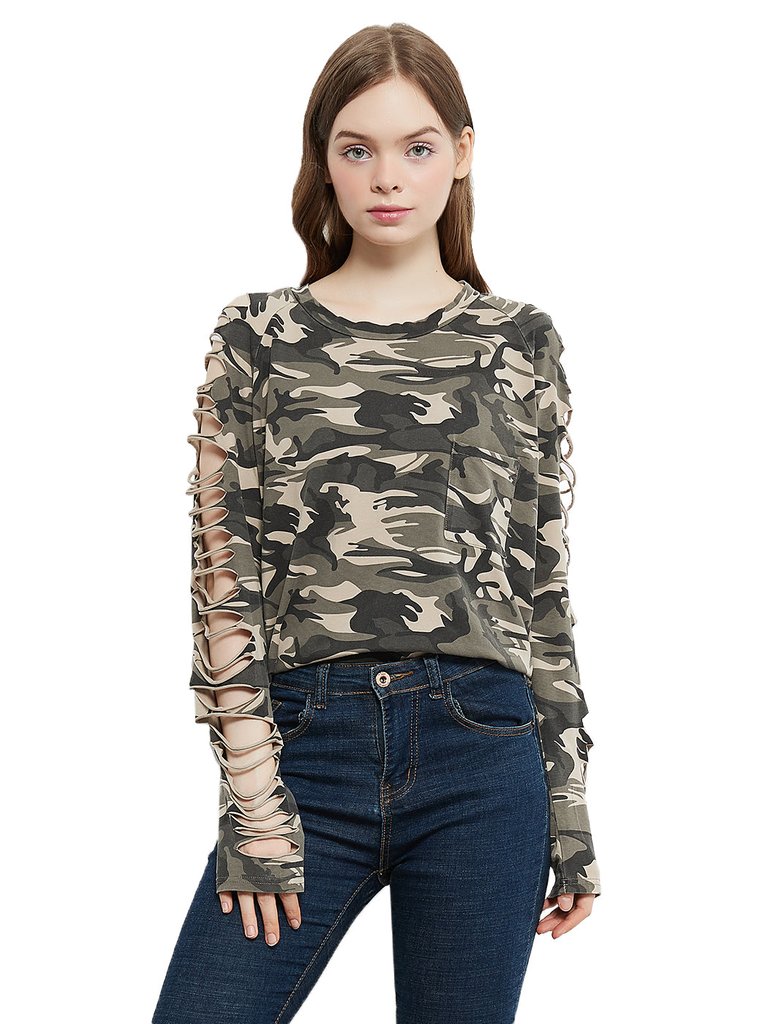 Ripped Long-Sleeve Pullover Top - Camo