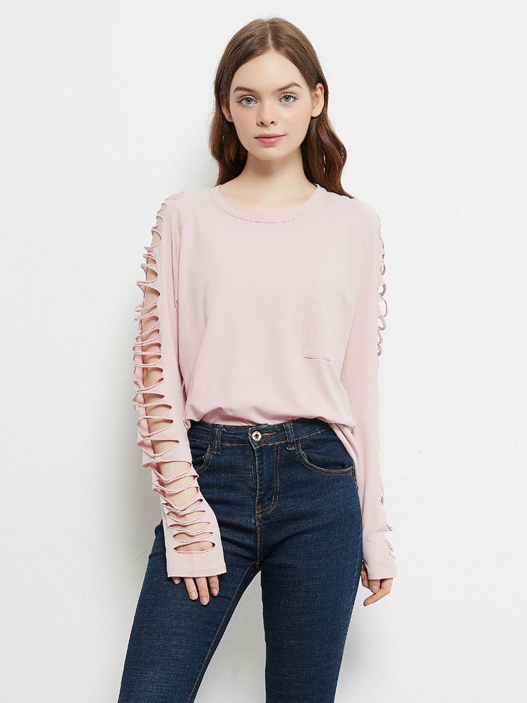 Ripped Long-Sleeve Pullover Top - Light Pink