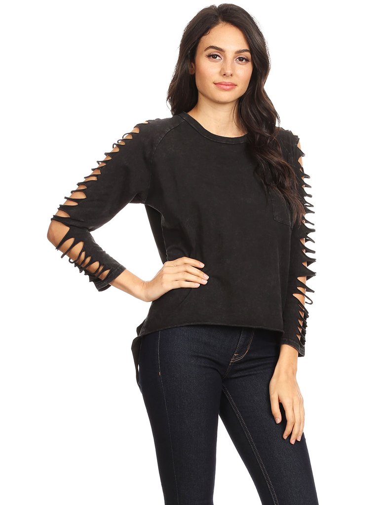 Ripped Long-Sleeve Pullover Top - Black