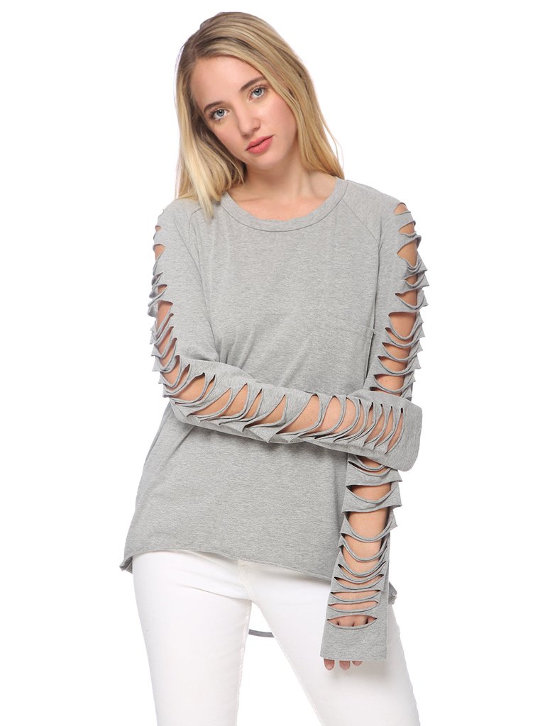 Ripped Long-Sleeve Pullover Top - Light Gray