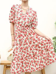 Romantic Floral Print Collared Dress - White