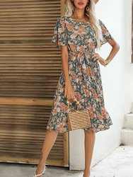 Round Neck Floral Pleated Dress