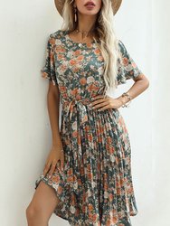 Round Neck Floral Pleated Dress