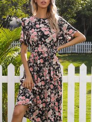 Round Neck Floral Pleated Dress