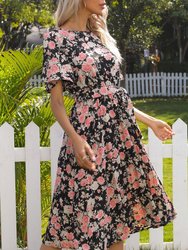 Round Neck Floral Pleated Dress