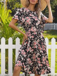 Round Neck Floral Pleated Dress - Black
