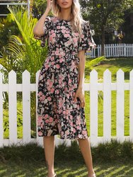 Round Neck Floral Pleated Dress