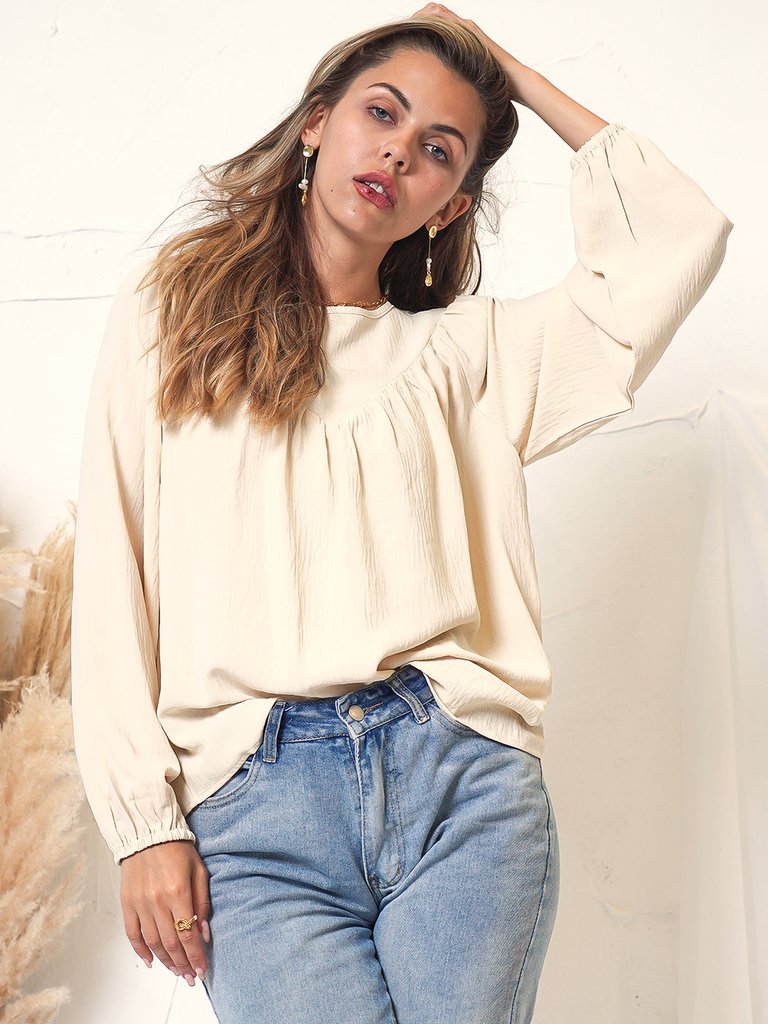 Round Neck Gathered Blouse - Beige