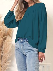 Round Neck Gathered Blouse - Teal