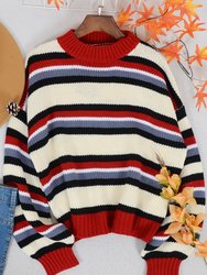 Round Neck Retro Striped Sweater - Red