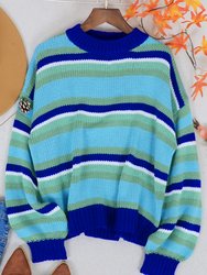 Round Neck Retro Striped Sweater - Blue