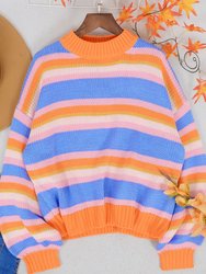 Round Neck Retro Striped Sweater - Orange