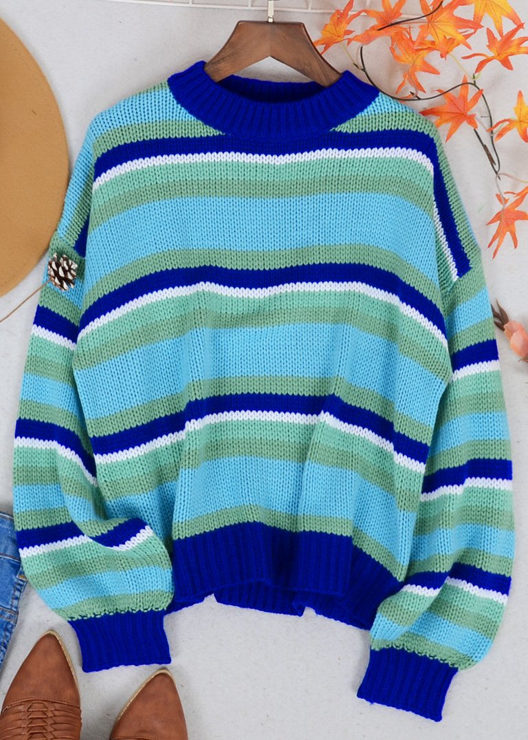 Round Neck Retro Striped Sweater - Blue