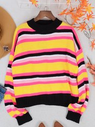 Round Neck Retro Striped Sweater - Black