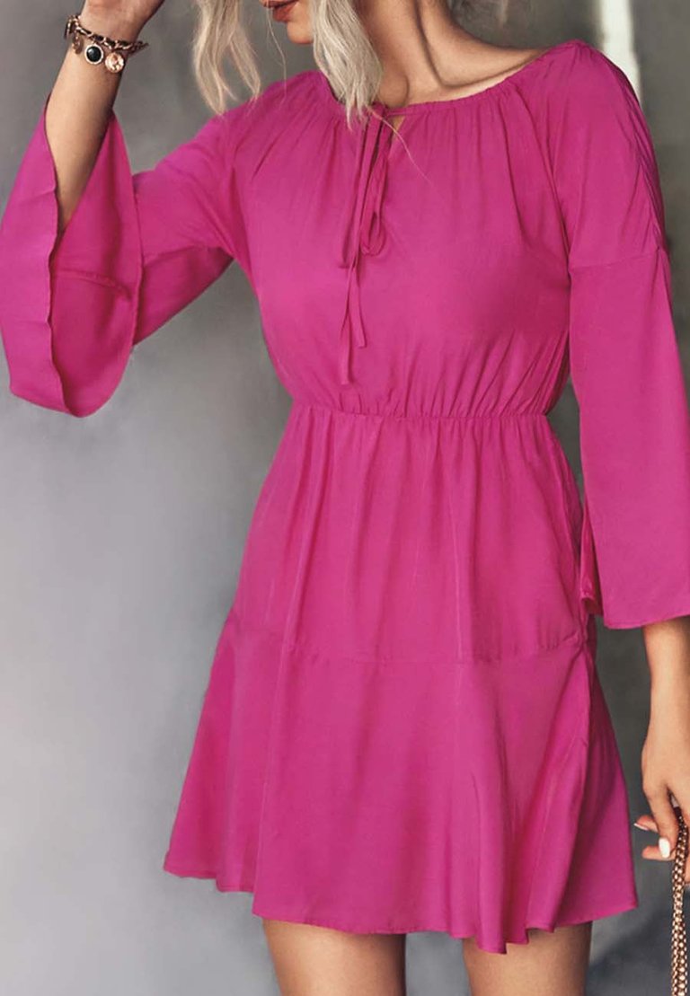 Ruched Tie Neck Dress - Fuchsia