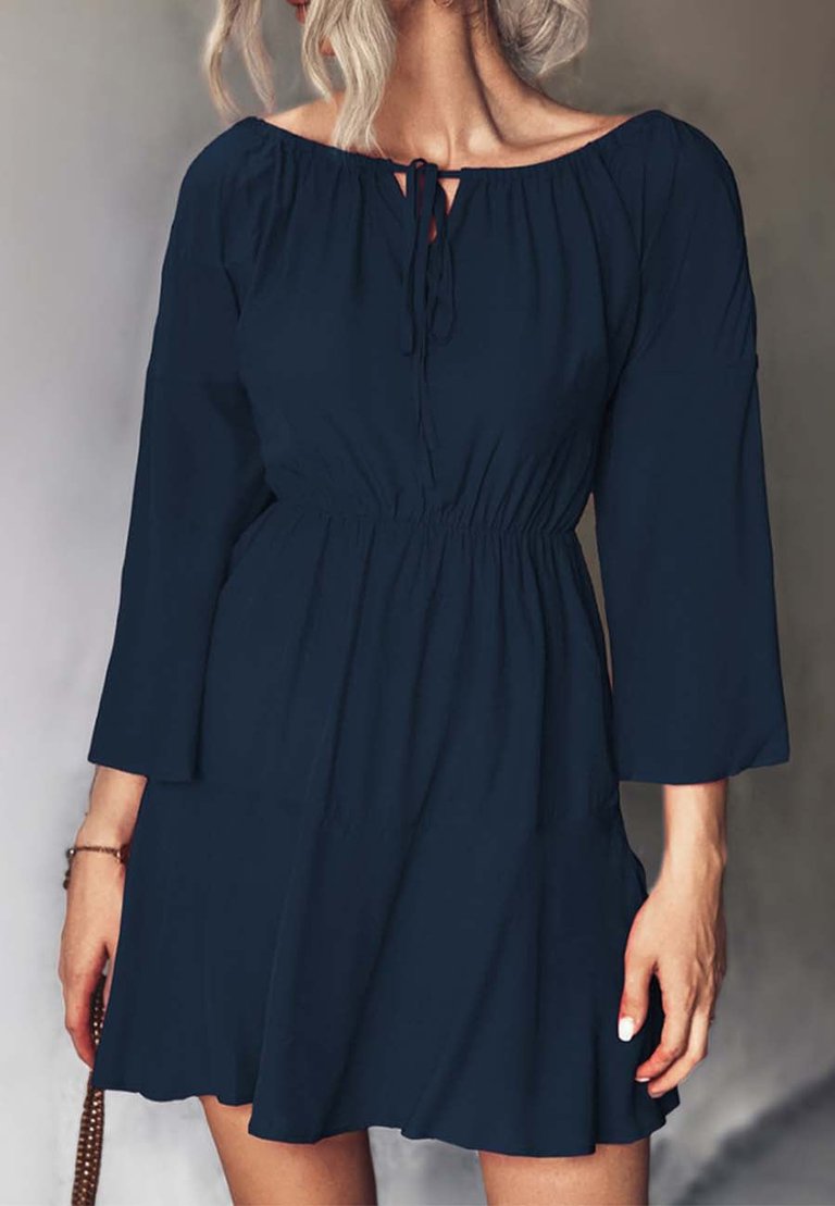 Ruched Tie Neck Dress - Navy