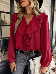 Ruffle Front Vintage Blouse - Burgundy