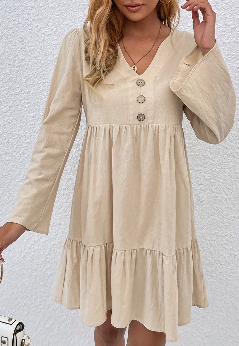 Ruffle Hem Long Sleeve Dress - Beige