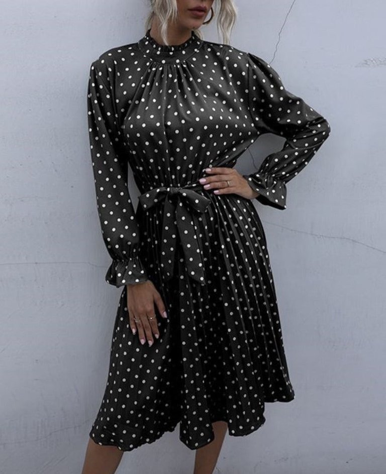 Ruffle High Neck Polka Dot Dress - Black