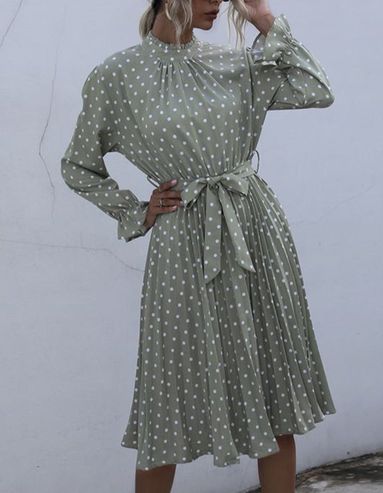 Ruffle High Neck Polka Dot Dress - Green