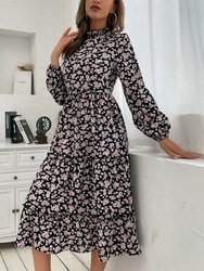 Ruffle High Neck Vintage Dress