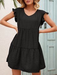 Ruffle Sleeve Tier Tunic Dress - Black