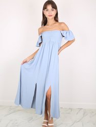 Ruffled Cap Sleeve Maxi Slit Dress - Blue