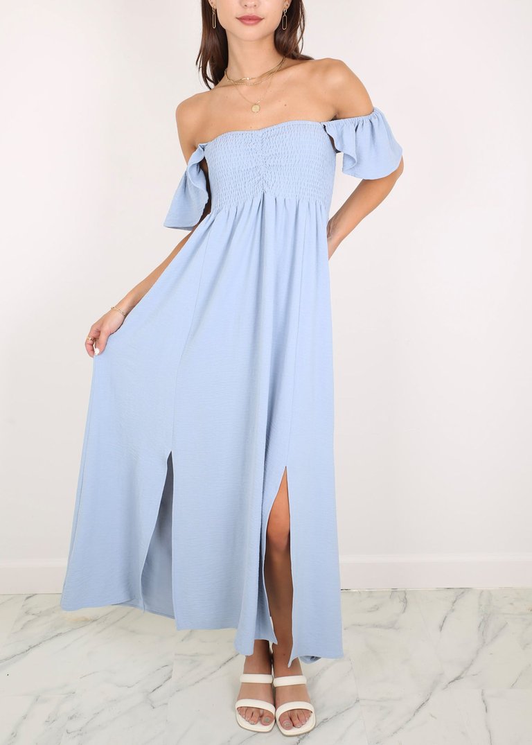 Ruffled Cap Sleeve Maxi Slit Dress