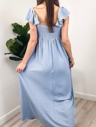 Ruffled Cap Sleeve Maxi Slit Dress