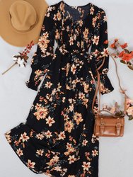 Scoop Neck Shirred Floral Dress - Black