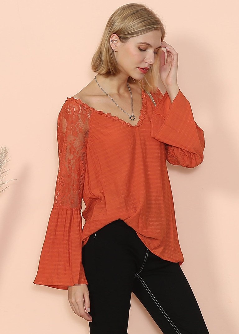 Semi Sheer Bell Sleeve Blouse - Orange