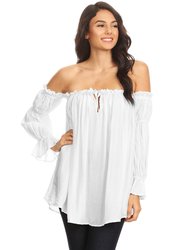 Semi Sheer Boho Peasant Off the Shoulder Top - White