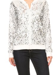Sequin Bomber Zip-Up Jacket - White and Silver