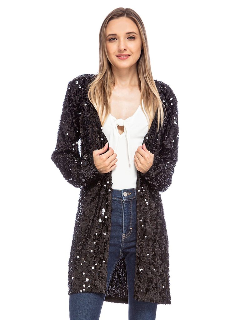 Sequin Open Front Cocktail Outerwear Jacket - Black